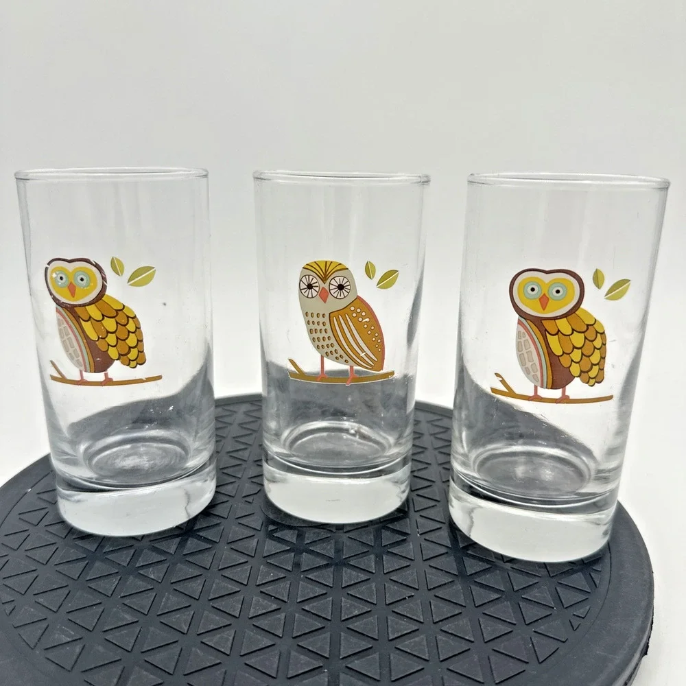 Set Of 3 Vintage Libbey Hoot Owl Small Juice Retro Drinking Glasses